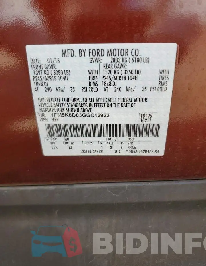 1FM5K8D83GGC12922 Photo# 13