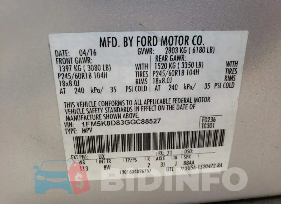 1FM5K8D83GGC88527 Photo# 13