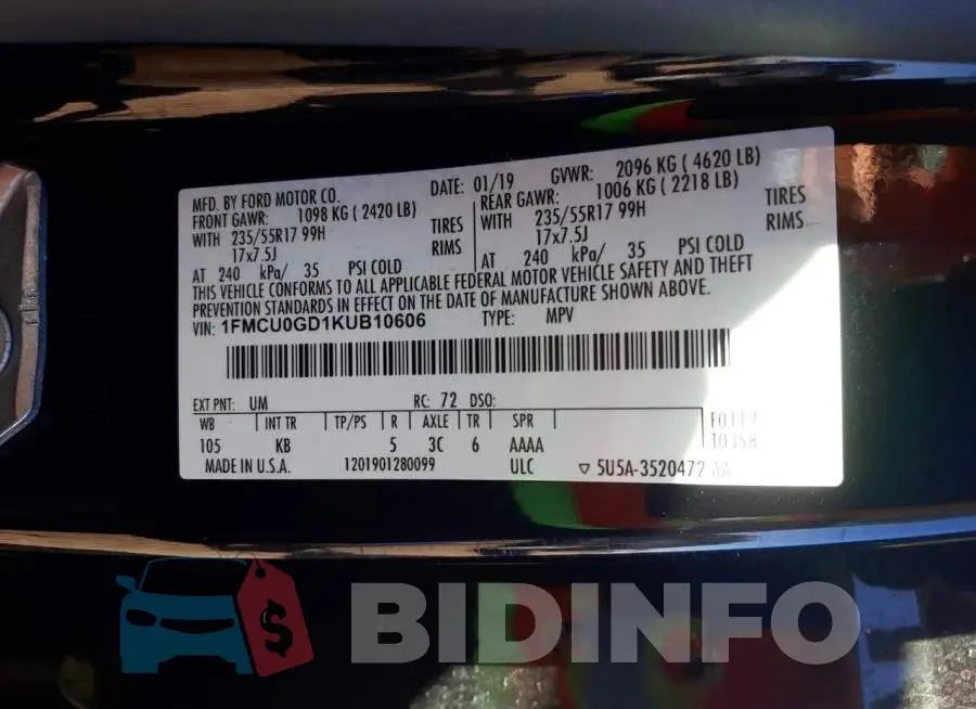 1FMCU0GD1KUB10606 Photo# 10