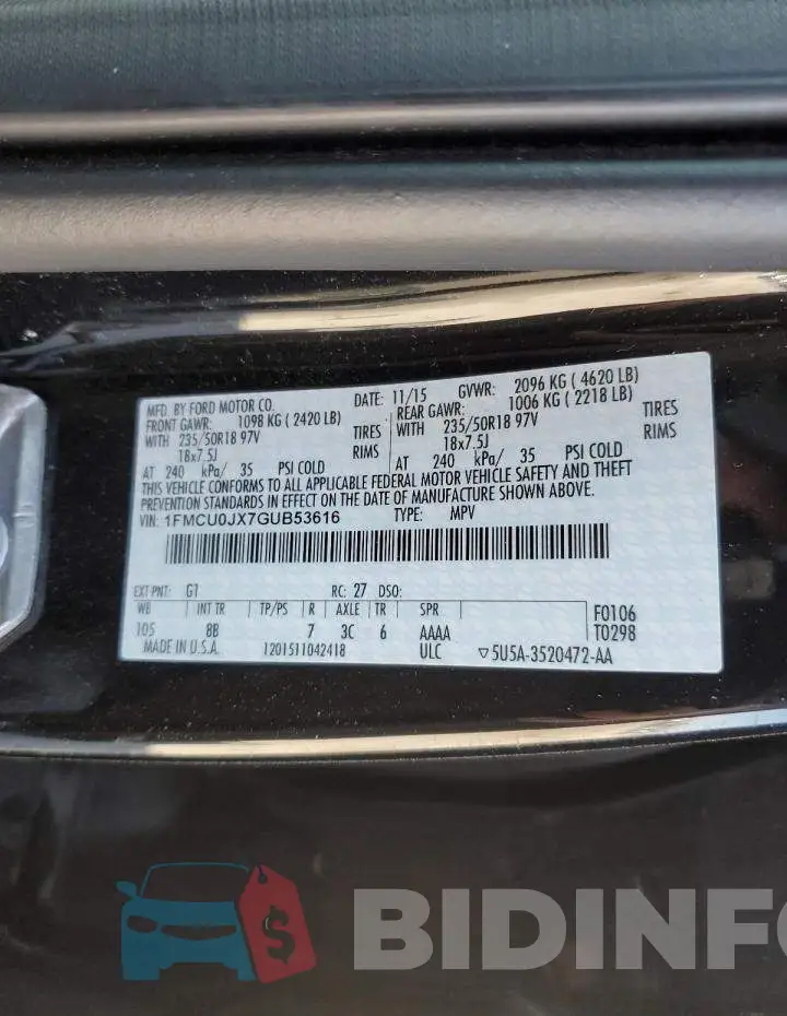 1FMCU0JX7GUB53616 Photo# 12