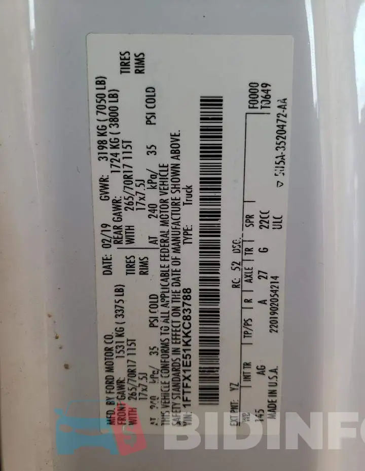 1FTFX1E51KKC83788 Photo# 13