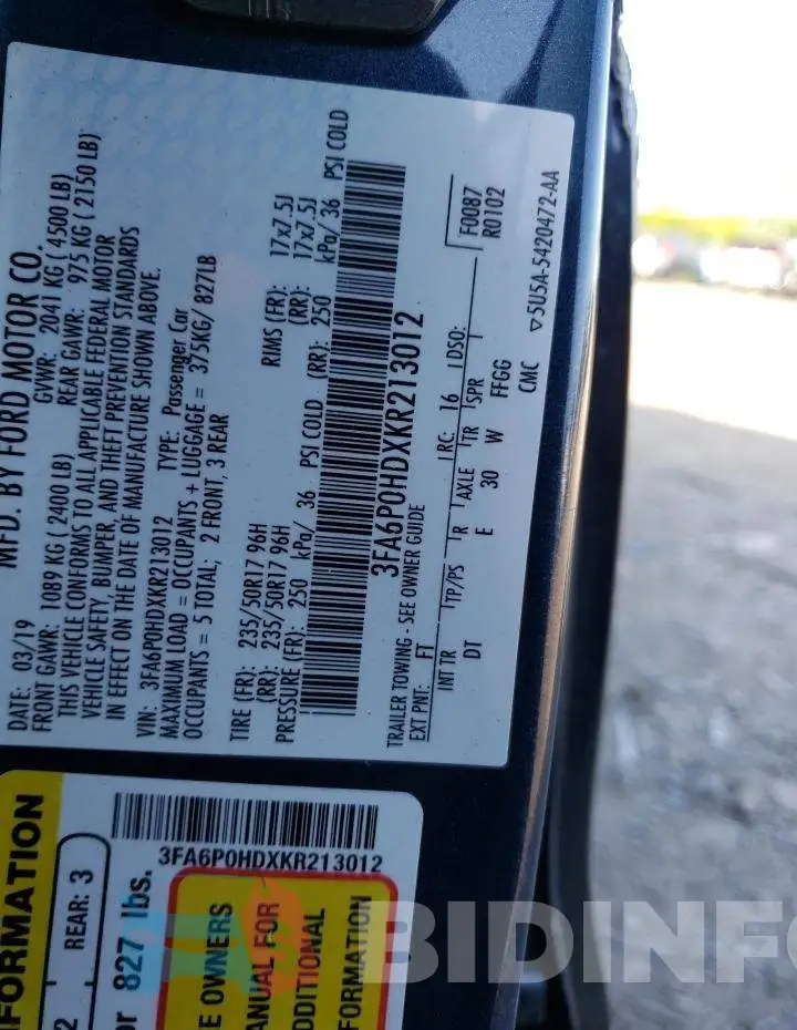 3FA6P0HDXKR213012 Photo# 12