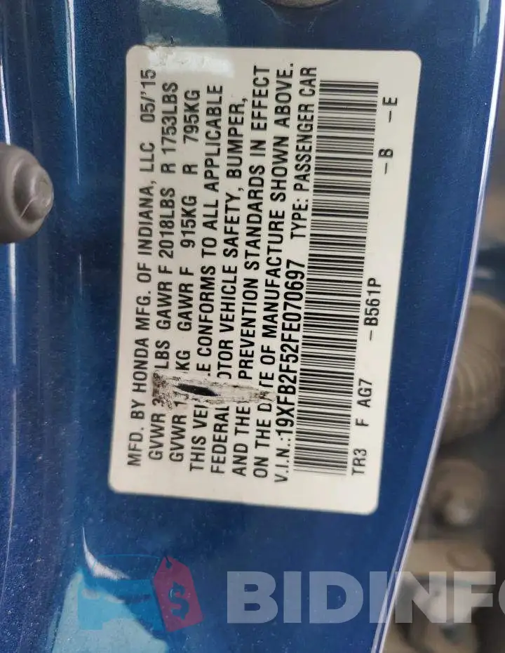 19XFB2F5ZFE070697 Photo# 12