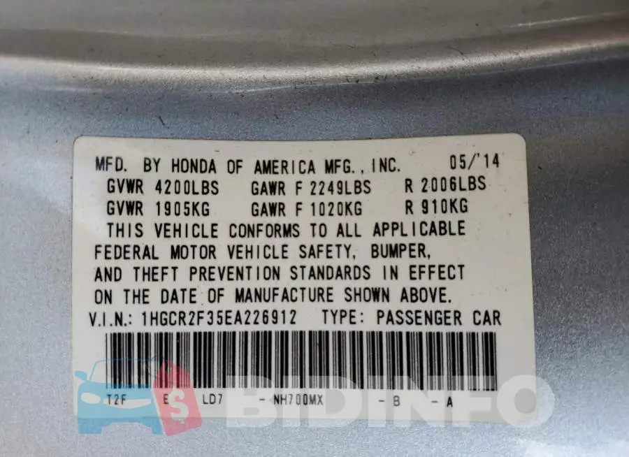 1HGCR2F35EA226912 Photo# 10