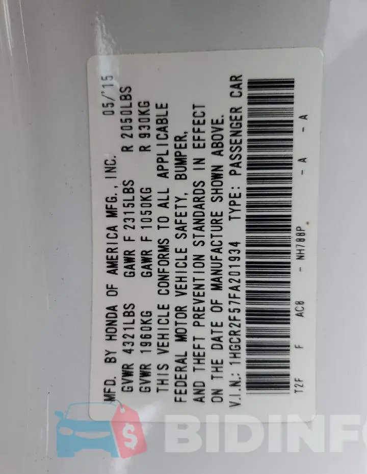 1HGCR2F57FA201934 Photo# 13