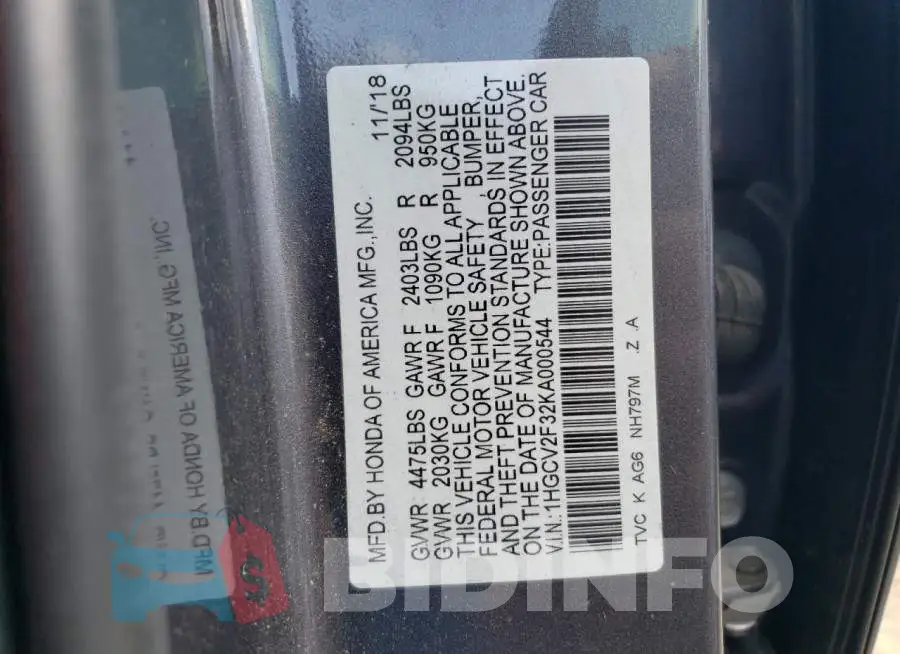 1HGCV2F32KA000544 Photo# 13