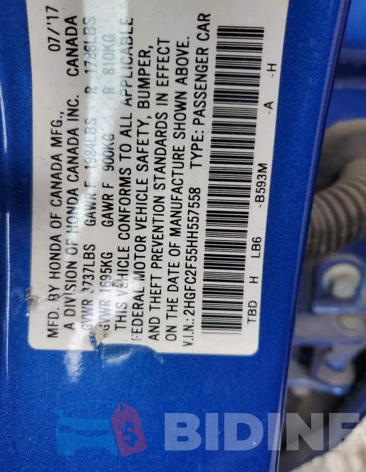 2HGFC2F55HH557558 Photo# 13