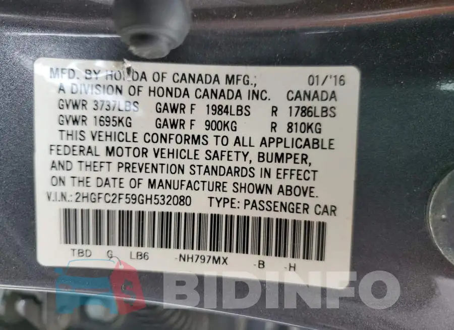 2HGFC2F59GH532080 Photo# 12