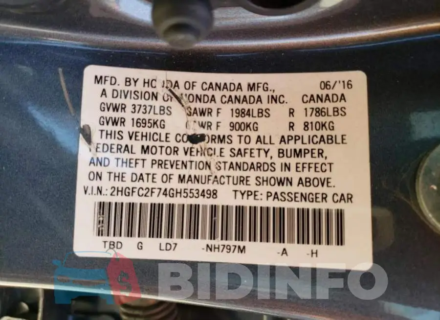 2HGFC2F74GH553498 Photo# 13