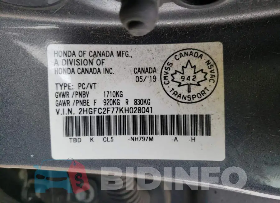 2HGFC2F77KH028041 Photo# 12