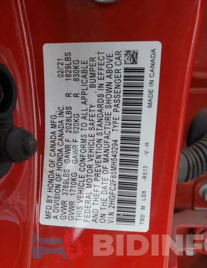 2HGFC2F85MH540294 Photo# 12