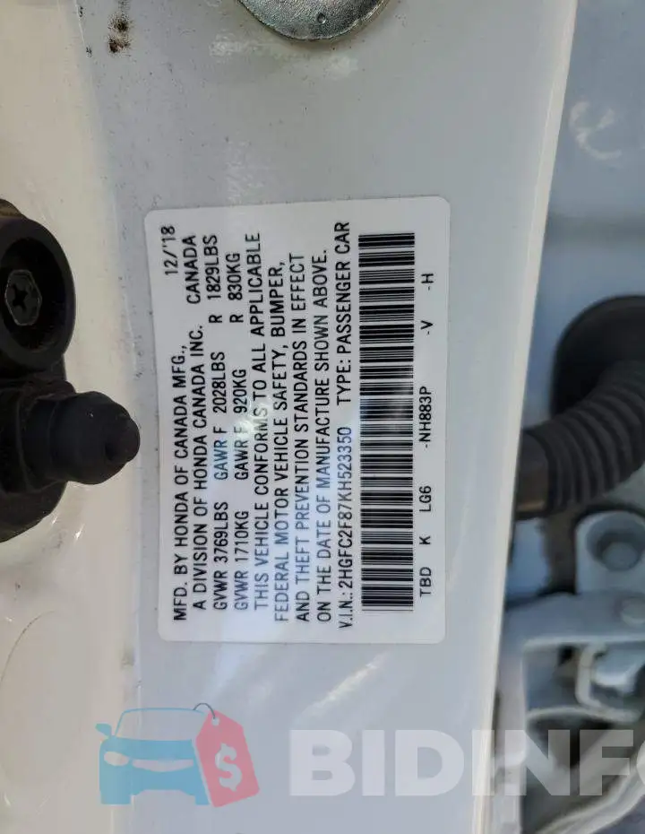 2HGFC2F87KH523350 Photo# 12