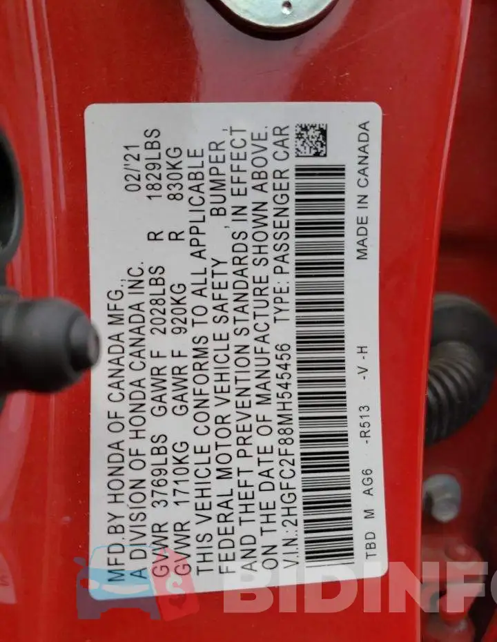2HGFC2F88MH545456 Photo# 12