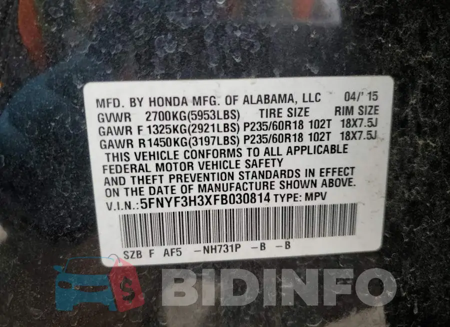 5FNYF3H3XFB030814 Photo# 14