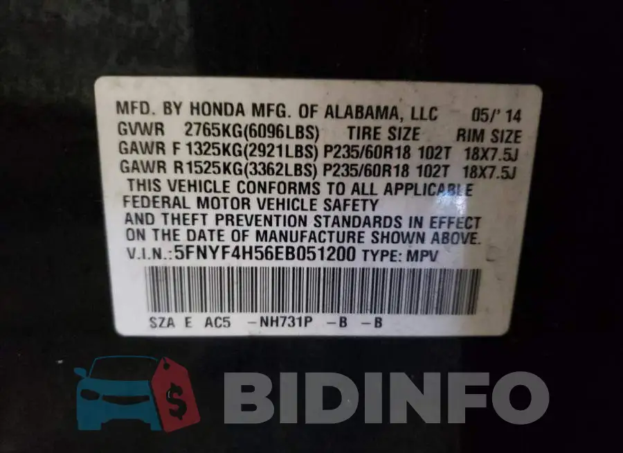 5FNYF4H56EB051200 Photo# 13