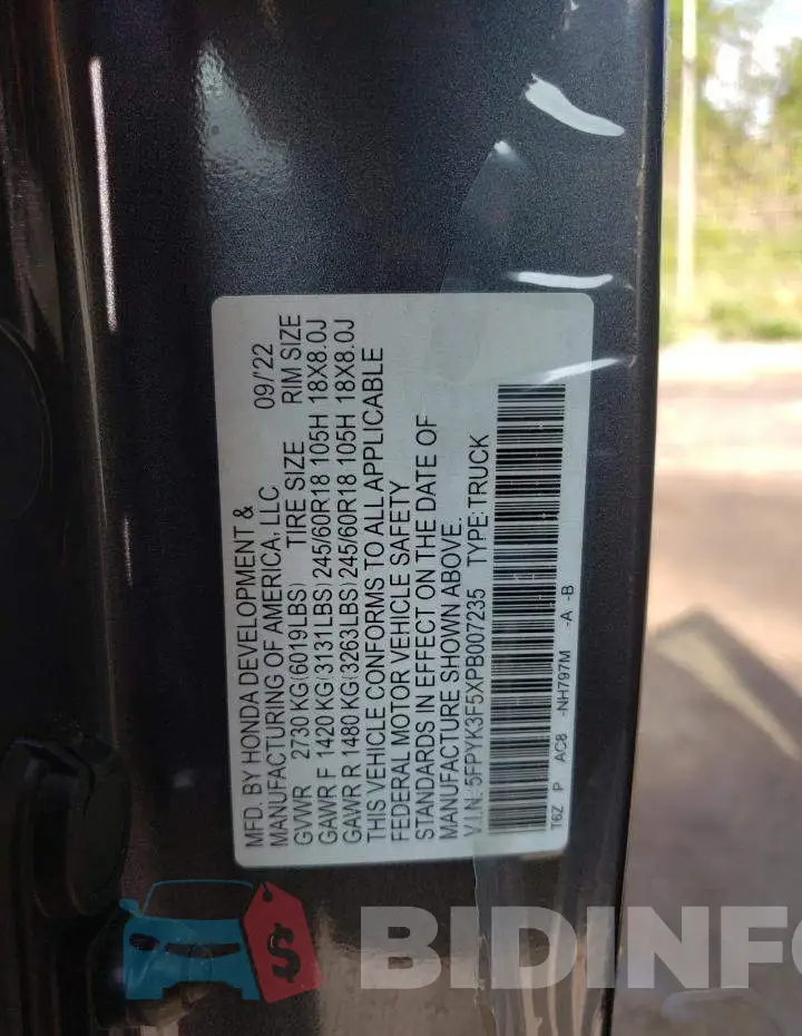 5FPYK3F5XPB007235 Photo# 12
