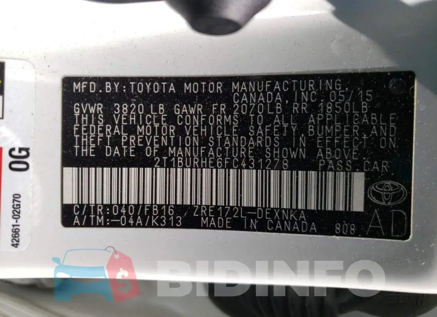 2T1BURHE6FC431278 Photo# 12