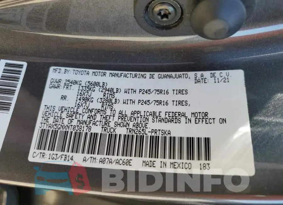 3TYAX5GNXNT038178 Photo# 12