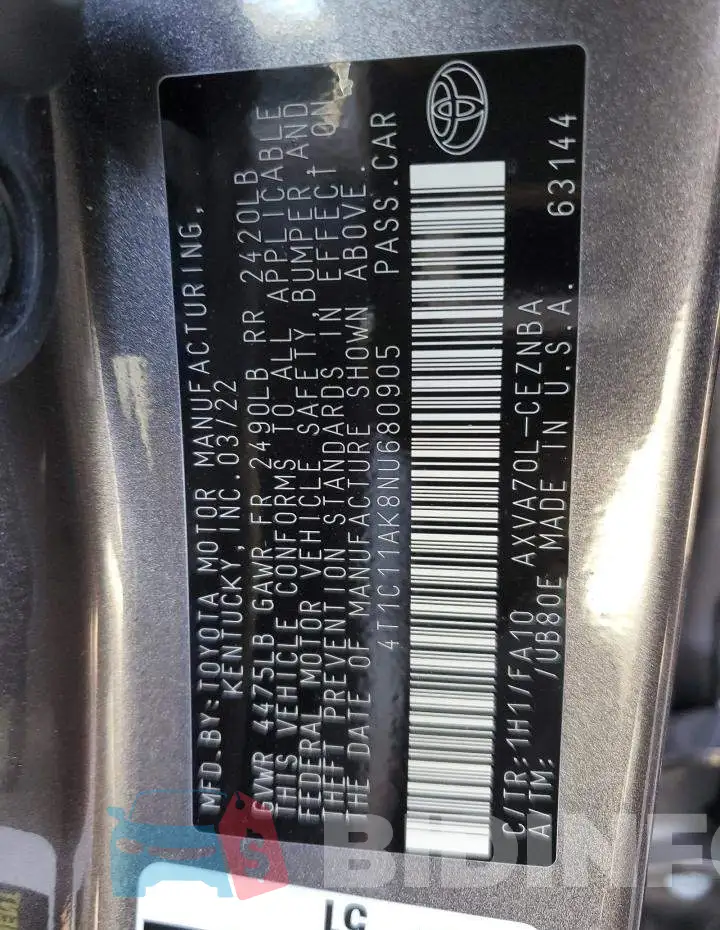 4T1C11AK8NU680905 Photo# 12