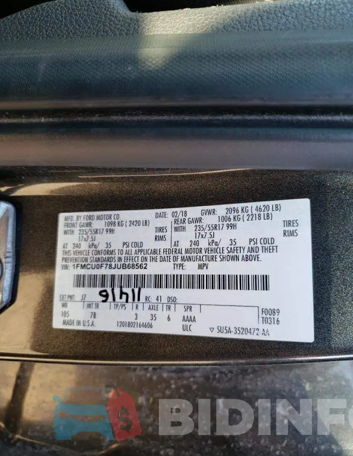 1FMCU0F78JUB68562 Photo# 13