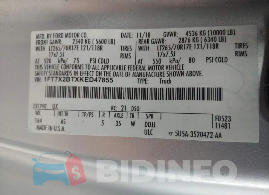 1FT7X2BTXKED47855 Photo# 10