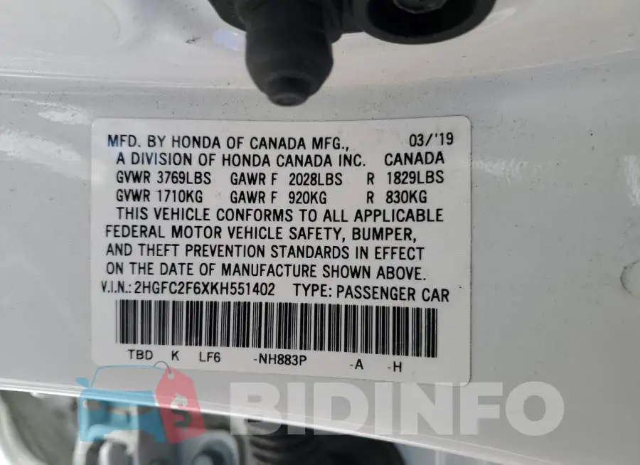 2HGFC2F6XKH551402 Photo# 12