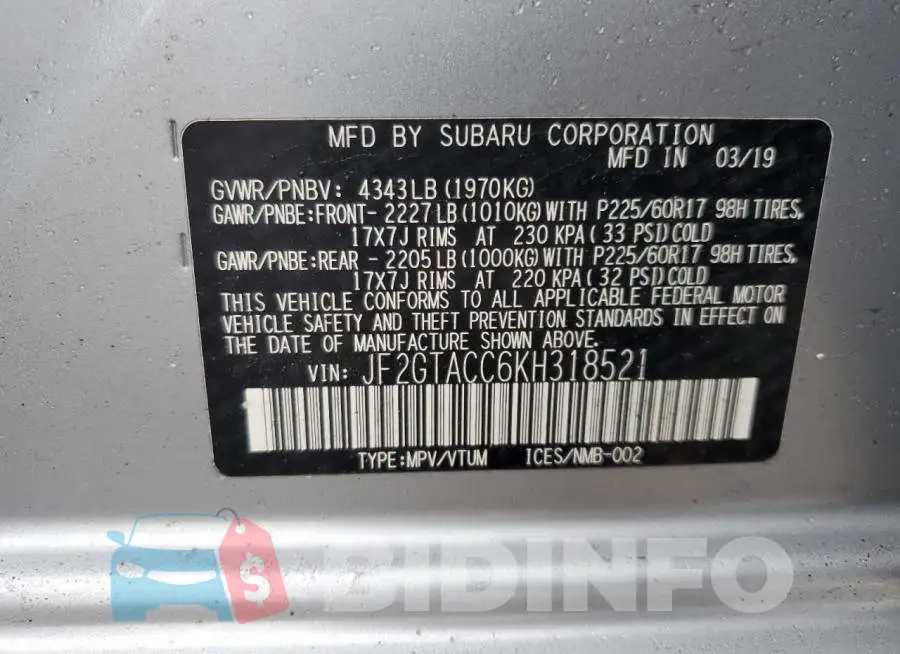 JF2GTACC6KH318521 Photo# 12
