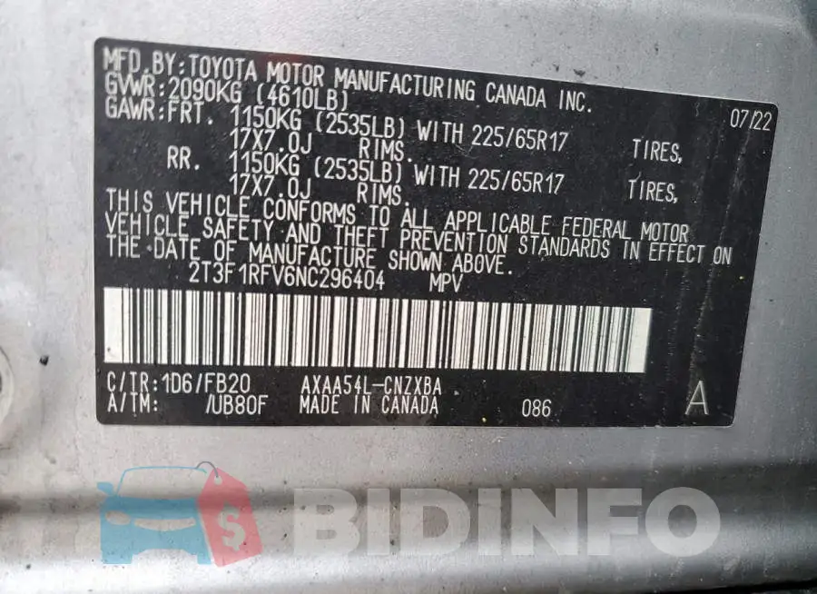 2T3F1RFV6NC296404 Photo# 14