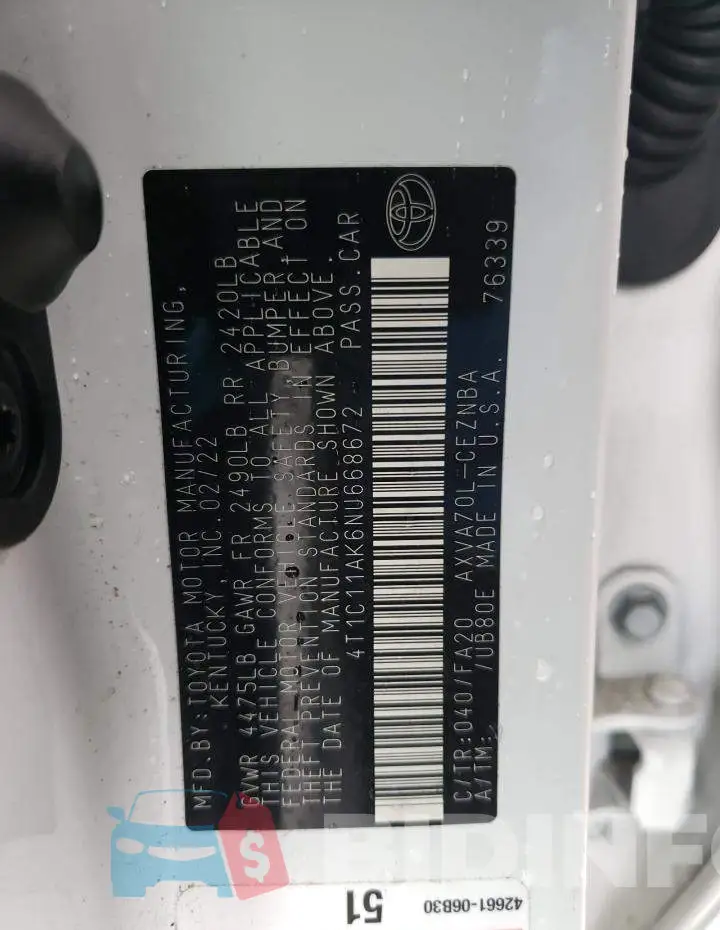 4T1C11AK6NU668672 Photo# 12