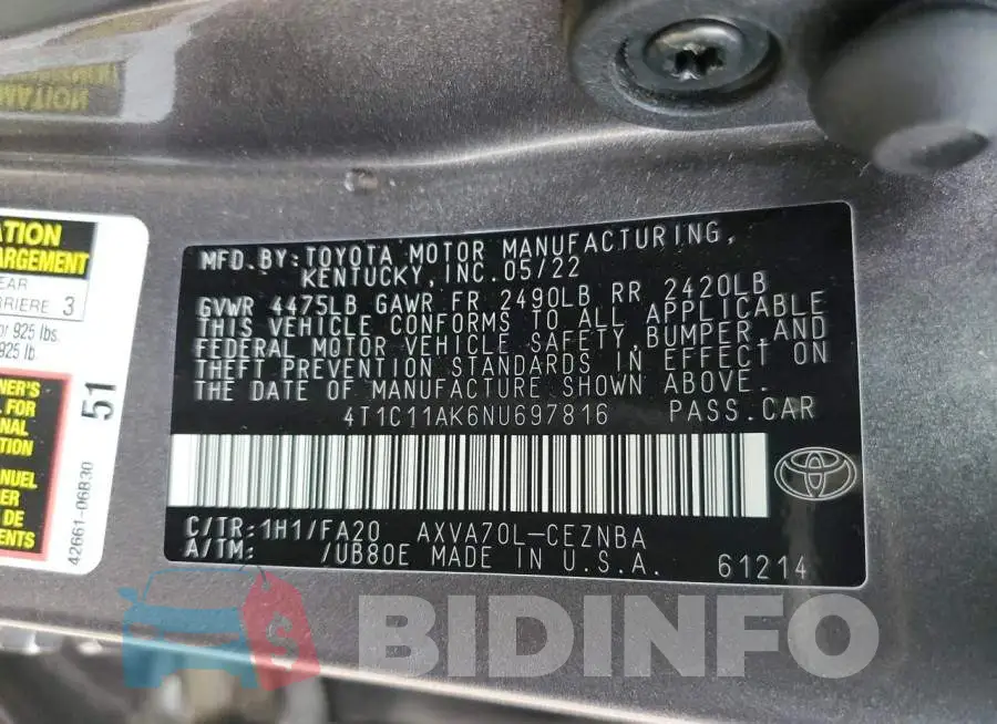4T1C11AK6NU697816 Photo# 12