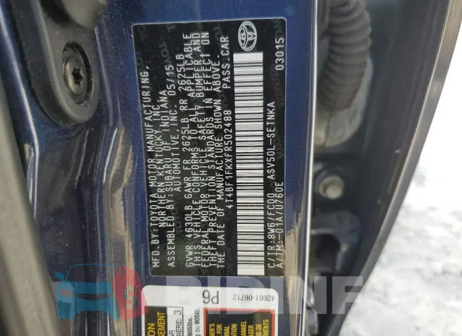 4T4BF1FKXFR502488 Photo# 12