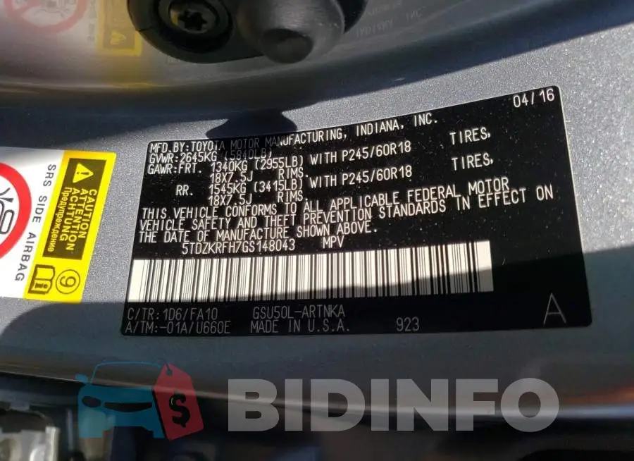 5TDZKRFH7GS148043 Photo# 12