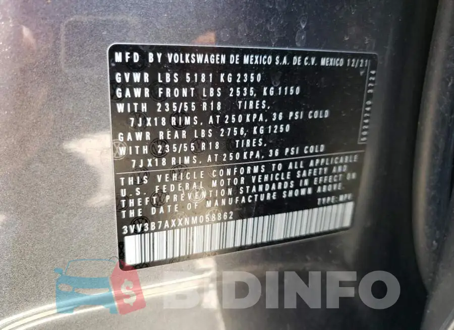 3VV3B7AXXNM058862 Photo# 13