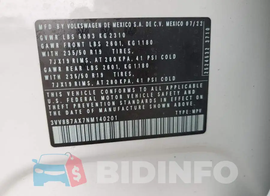 3VV8B7AX7NM140201 Photo# 13