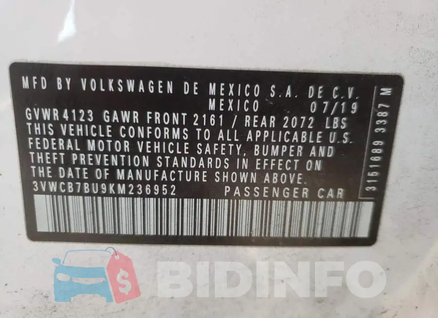 3VWCB7BU9KM236952 Photo# 10