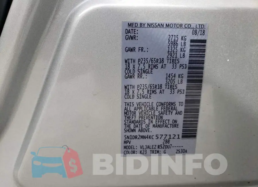 5N1DR2MN4KC577121 Photo# 13