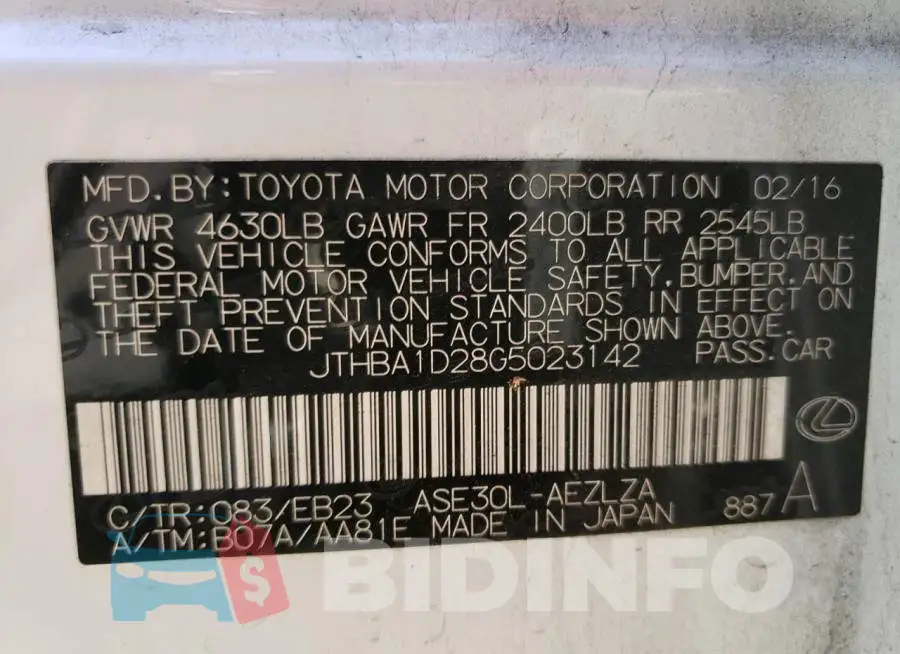 JTHBA1D28G5023142 Photo# 13