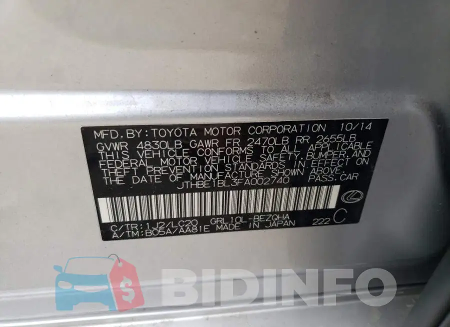 JTHBE1BL3FA002740 Photo# 12