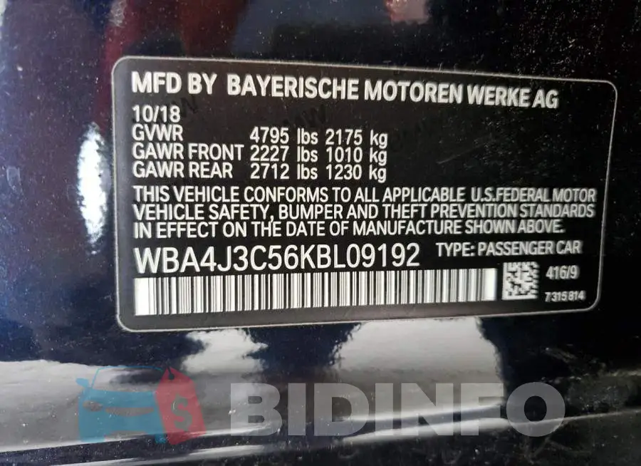 WBA4J3C56KBL09192 Photo# 12