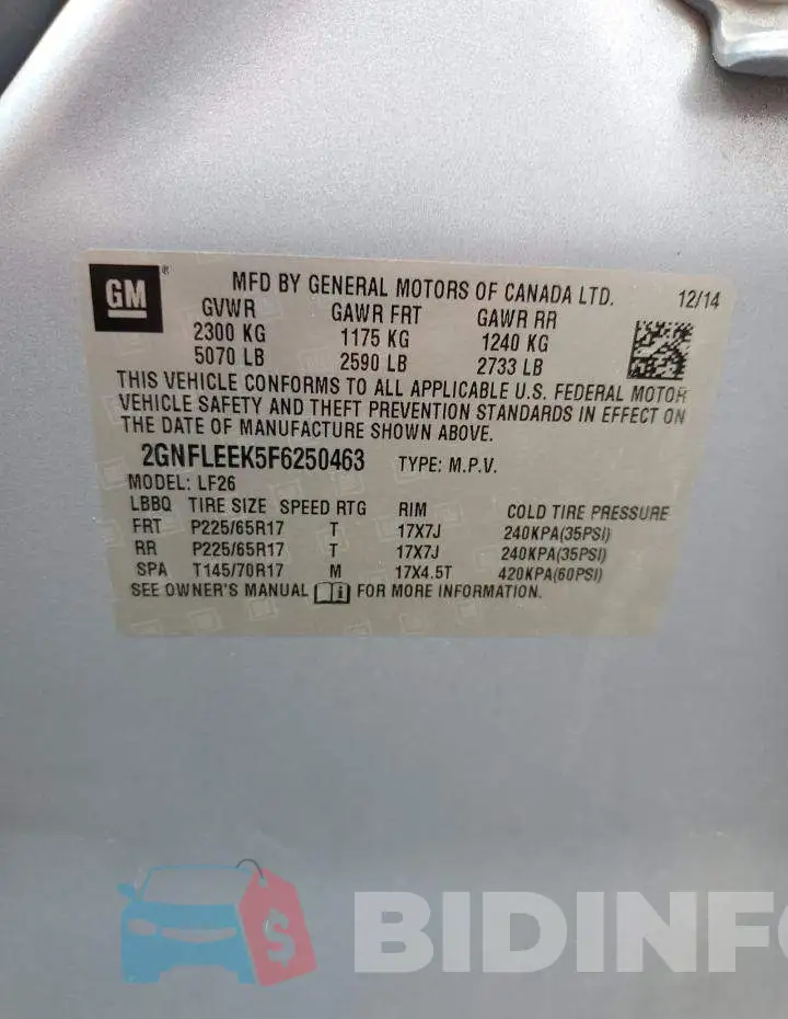 2GNFLEEK5F6250463 Photo# 13