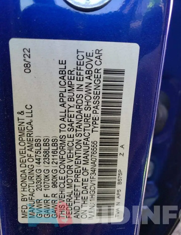 1HGCV1F34NA076555 Photo# 13