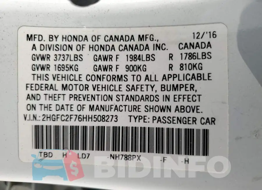 2HGFC2F76HH508273 Photo# 12