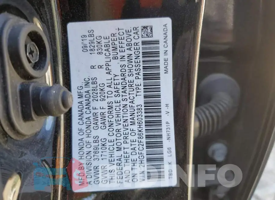 2HGFC2F86KH603383 Photo# 12