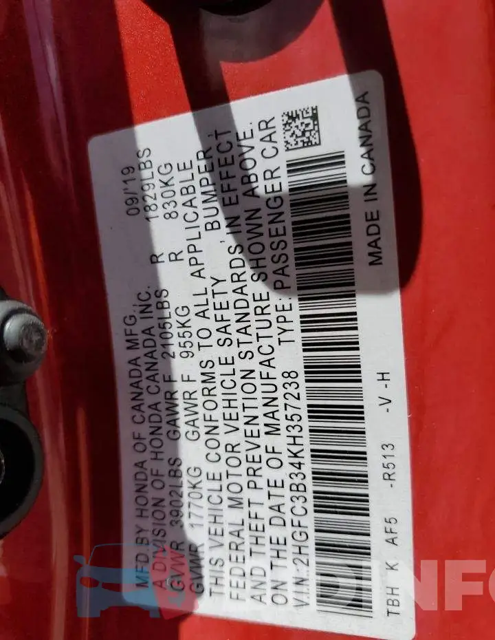 2HGFC3B34KH357238 Photo# 12
