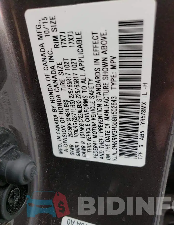 2HKRM3H55GH502643 Photo# 12