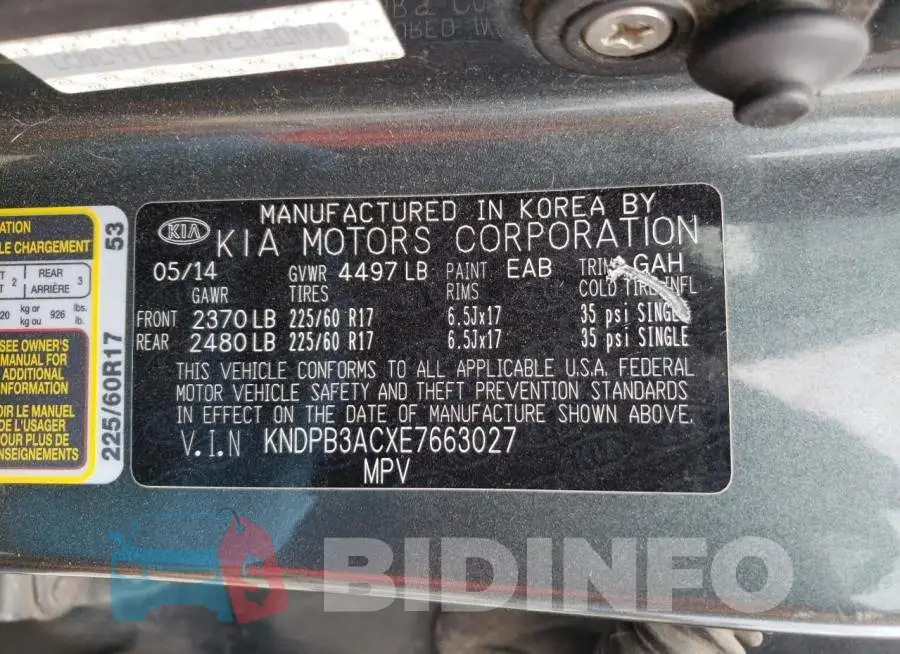 KNDPB3ACXE7663027 Photo# 13