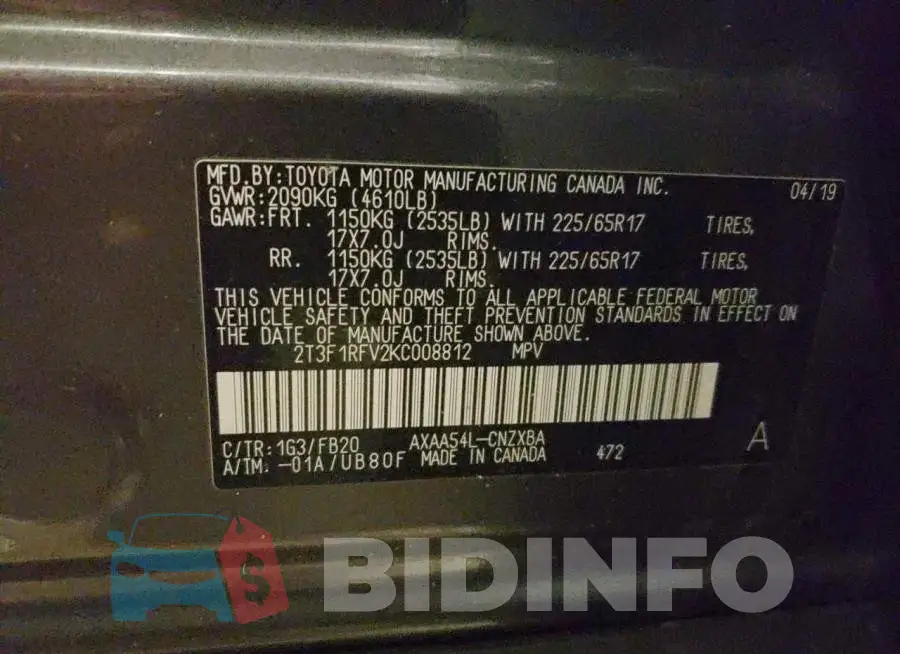 2T3F1RFV2KC008812 Photo# 14