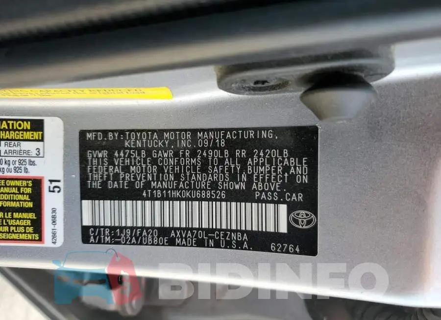 4T1B11HK0KU688526 Photo# 12