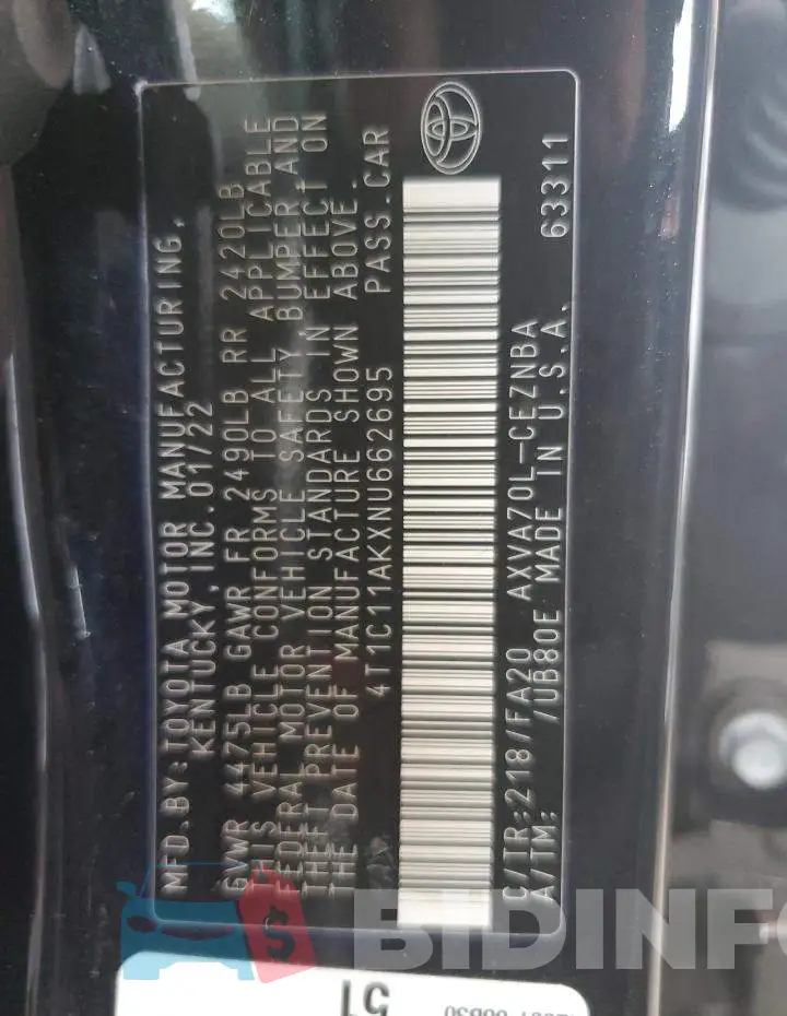 4T1C11AKXNU662695 Photo# 12
