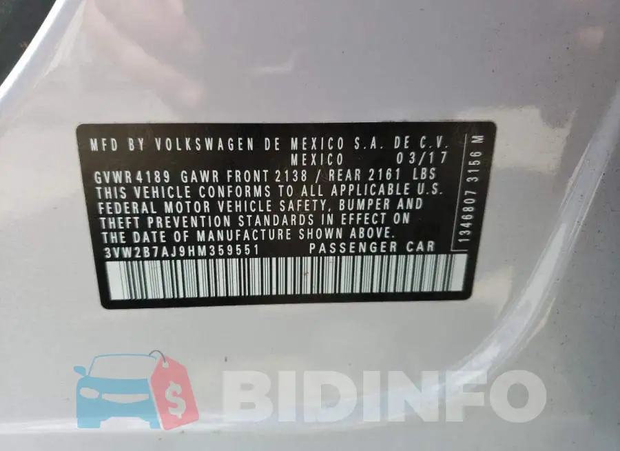 3VW2B7AJ9HM359551 Photo# 13
